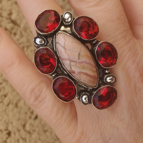 New Oversized Rhodochrosite & Garnet 925 Silver Statement Ring. - Picture 5 of 16